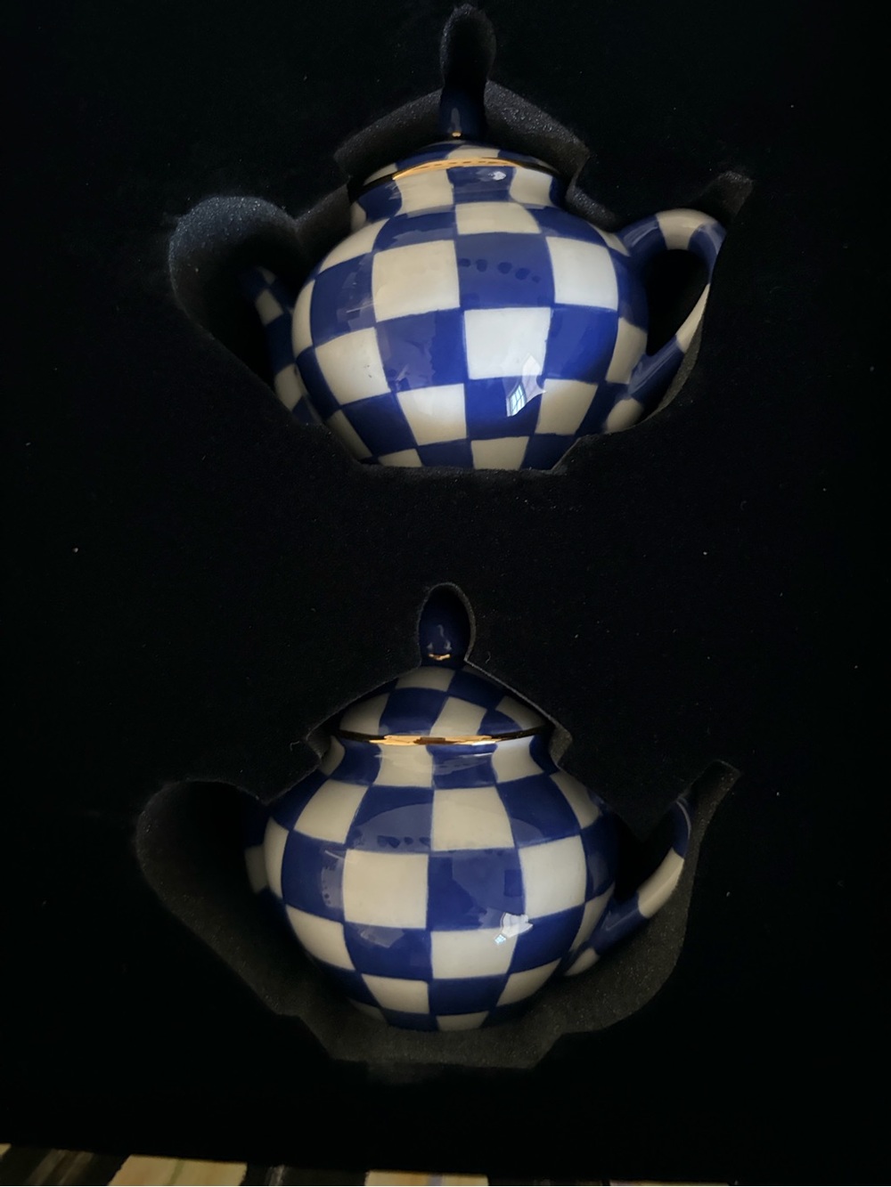 MacKenzie-Childs Blue and White Check Teapot Salt and Pepper Shaker Set